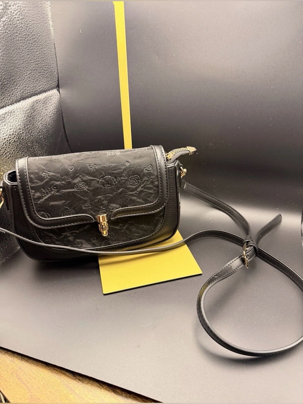 NEW Yichen Paris Black Embossed Crossbody Bag Gold Hardware Adjustable Strap NWT